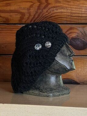 Soft Stretchy Black Open Knit Slouchy Beret with Two Rhinestones